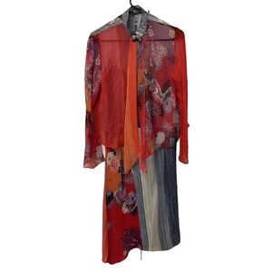 HARARI Vintage 2 Pc Floral Set S 100% Silk Red  Colorful Long Skirt Long Sleeve